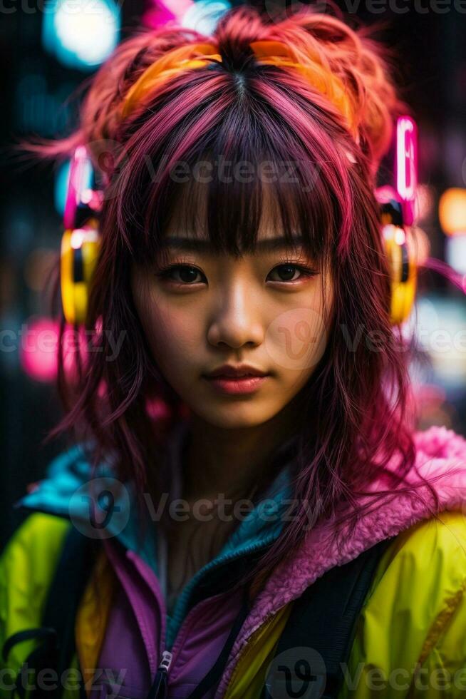 AI generated Young woman with colorful hair in neon lights photo