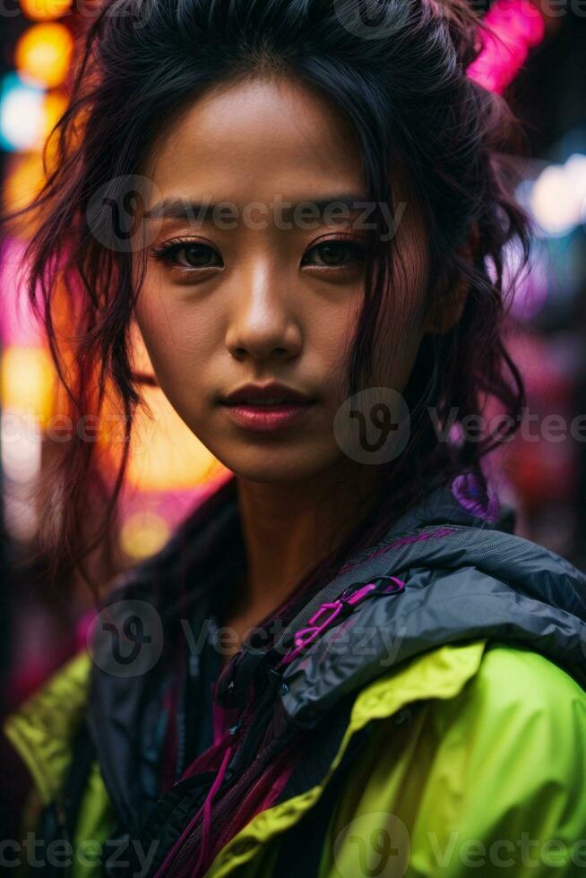AI generated Young woman with colorful hair in neon lights photo