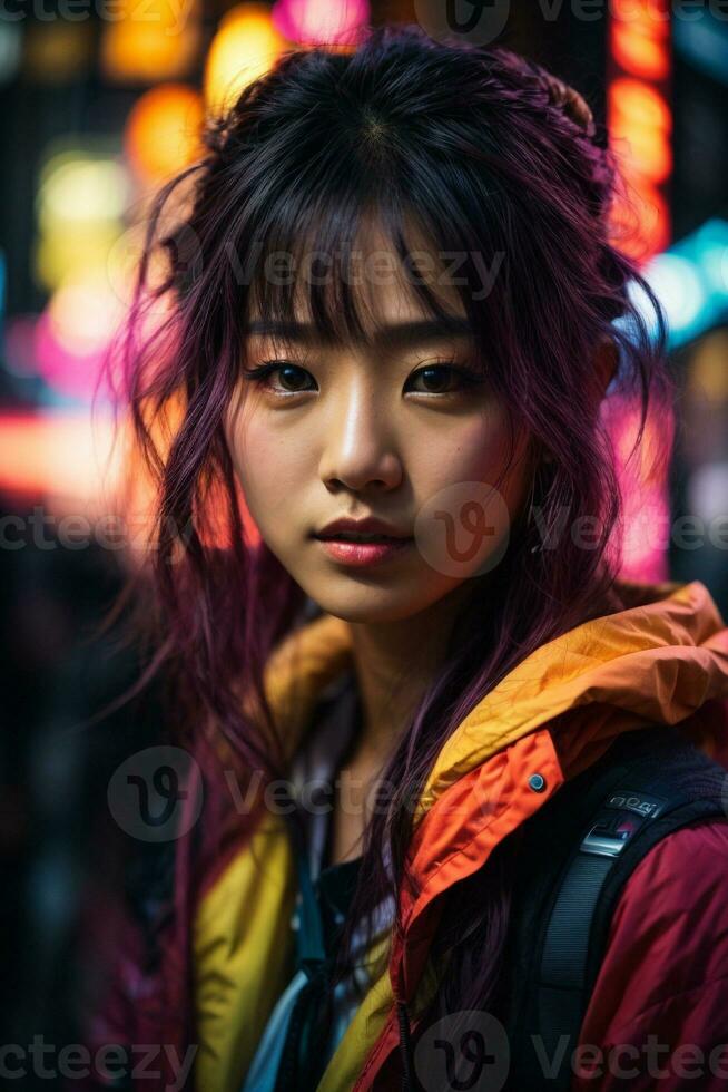 AI generated Young woman with colorful hair in neon lights photo