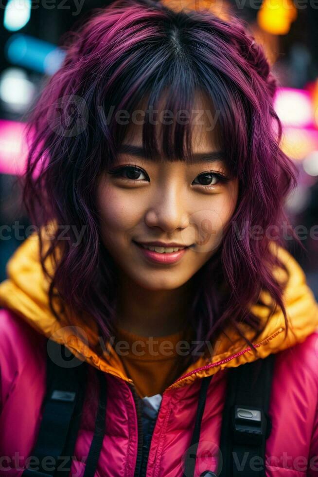 AI generated Young woman with colorful hair in neon lights photo