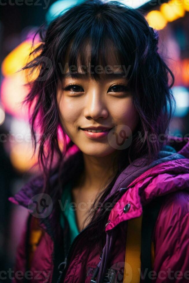 AI generated Young woman with colorful hair in neon lights photo