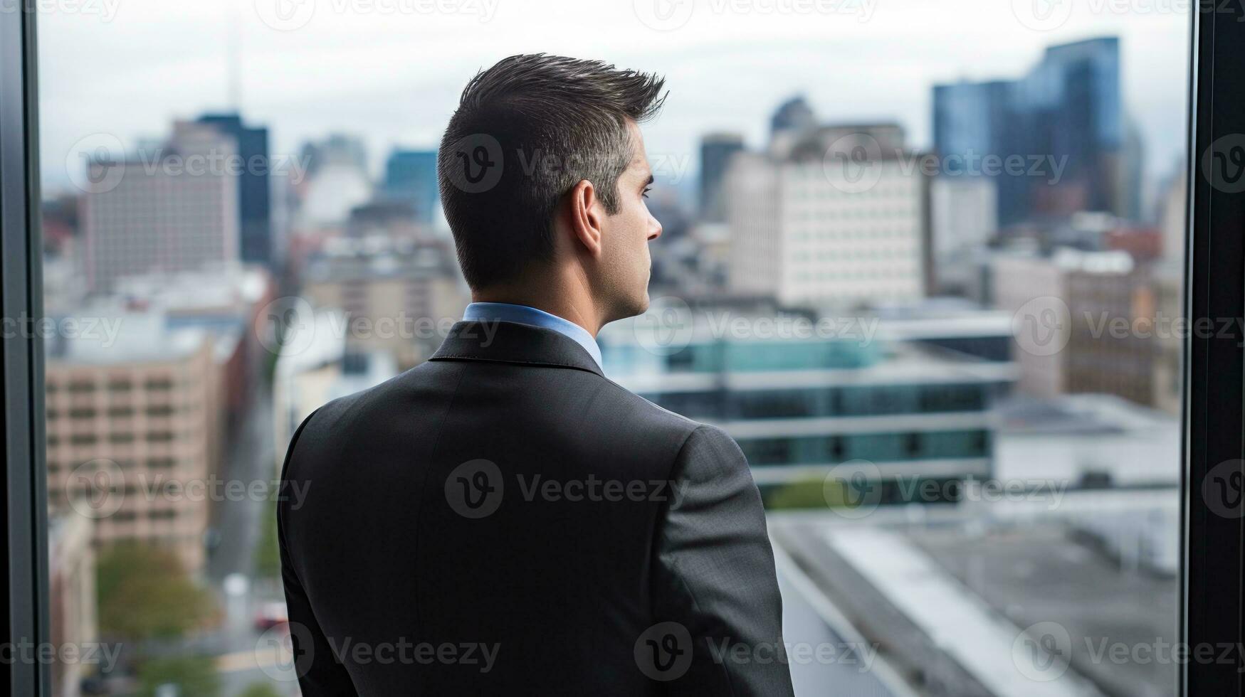 AI generated Businessman in suit gazing out window. Generative AI photo