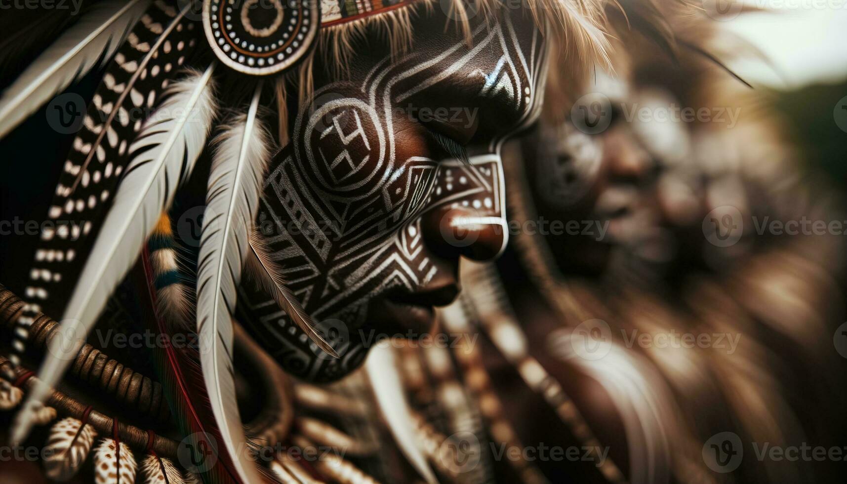ai generado un hombre con tribal pintar en su rostro, exhibiendo intrincado patrones y símbolos, en un de cerca disparo. generativo ai foto