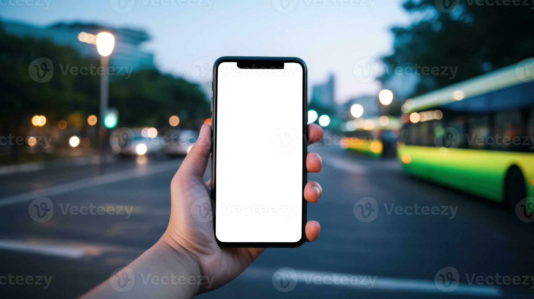 AI generated A hand trying to find direction with a smartphone in hand on the street. Generative AI photo