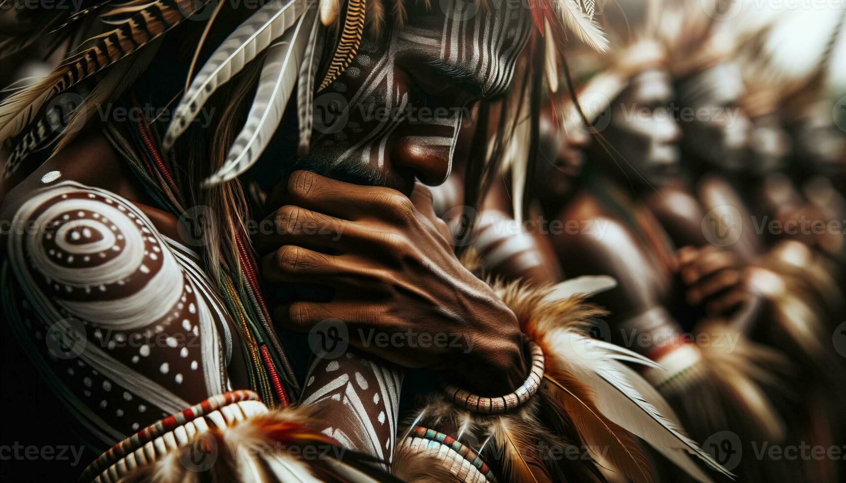 AI generated A man with tribal paint on his face, showcasing intricate patterns and symbols, in a close-up shot. Generative AI photo