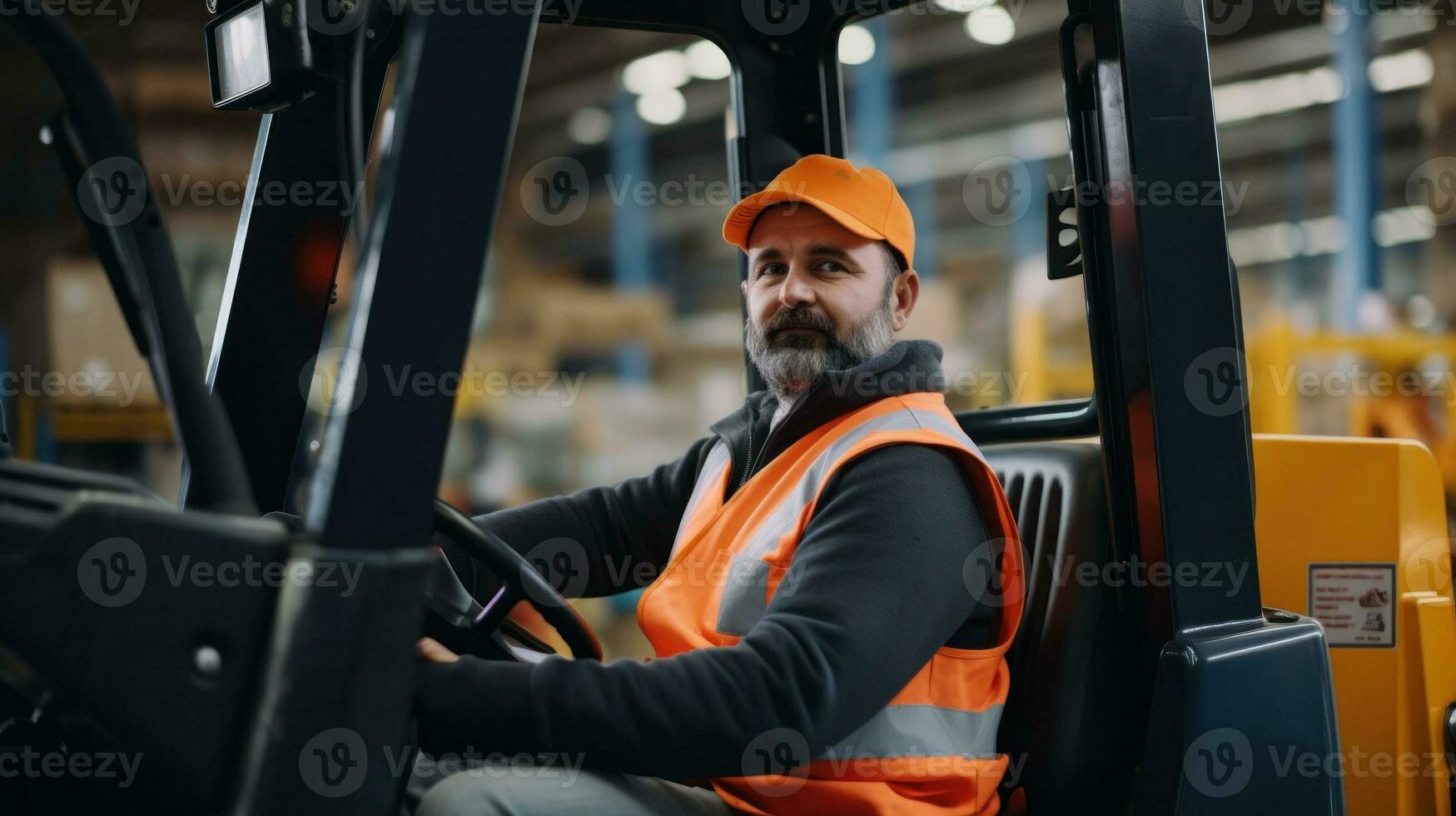 AI generated A man in an orange jacket and vest drives a forklift transporting supplies in a warehouse. Generative AI photo