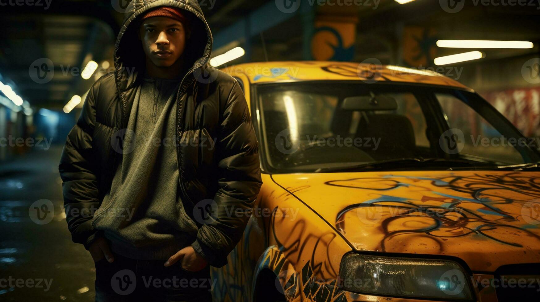 AI generated A person wearing a hoodie stands beside a car covered in graffiti. Generative AI photo