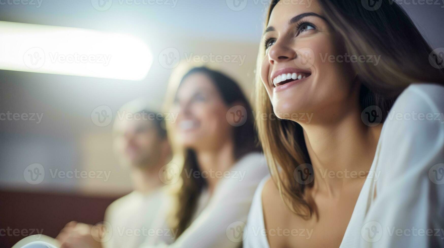 AI generated A smiling woman with her friends in a room. Generative AI photo