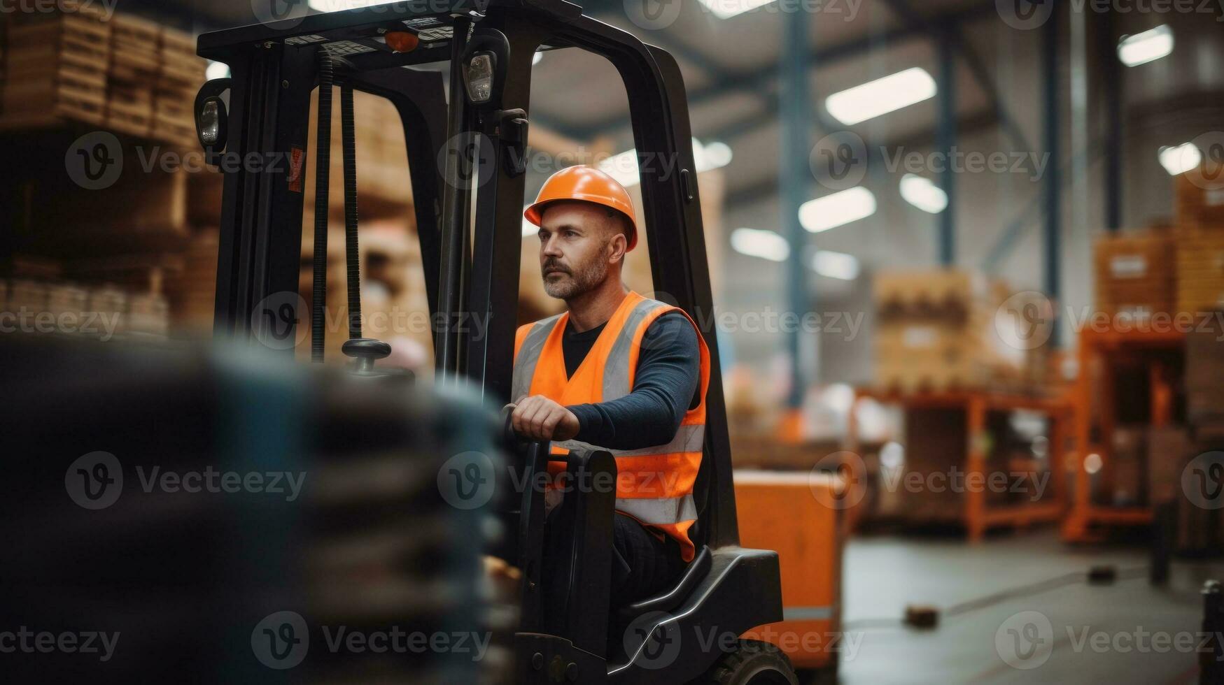 ai generado un hombre en un naranja chaleco y la seguridad casco operando un máquina elevadora a un construcción sitio. generativo ai foto