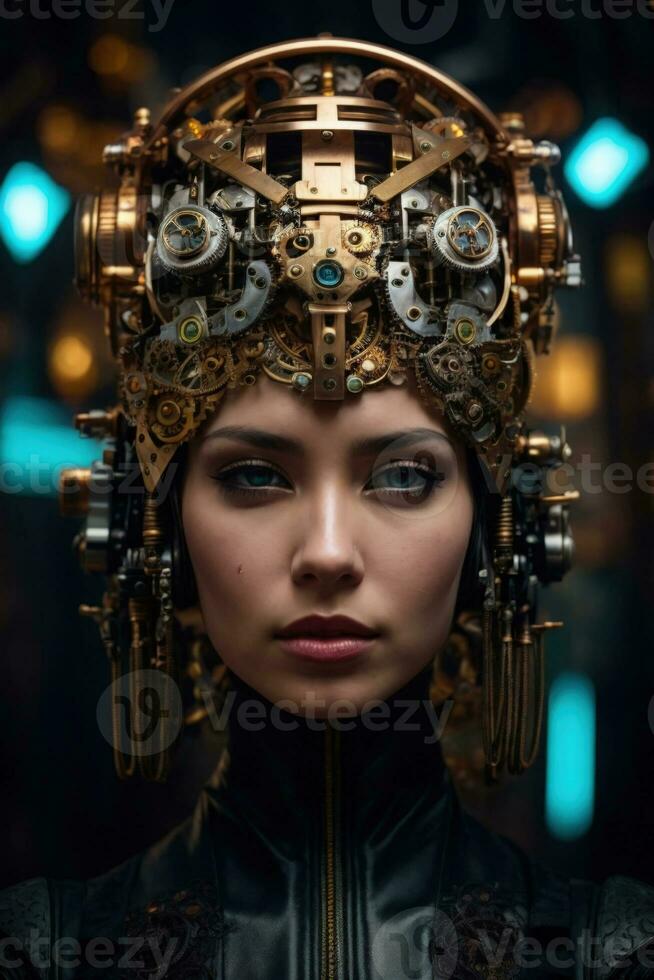 AI generated female cyborg with mechanisms and wires in head, digital technological as a background photo