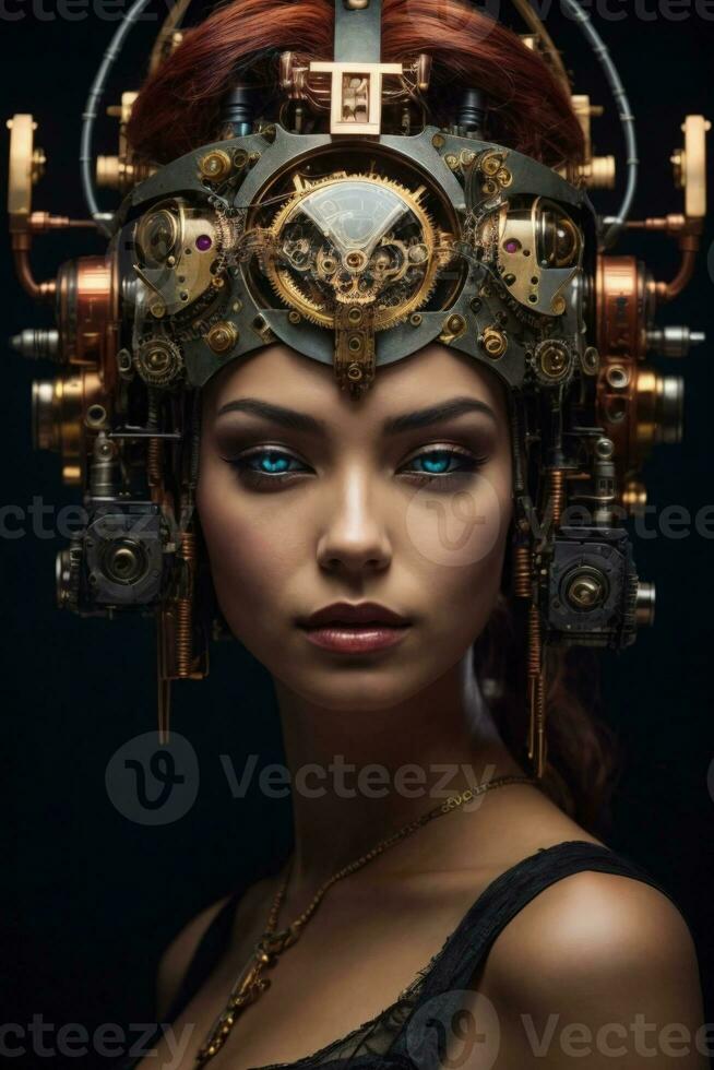 AI generated female cyborg with mechanisms and wires in head, digital technological as a background photo