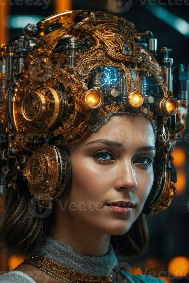 AI generated female cyborg with mechanisms and wires in head, digital technological as a background photo