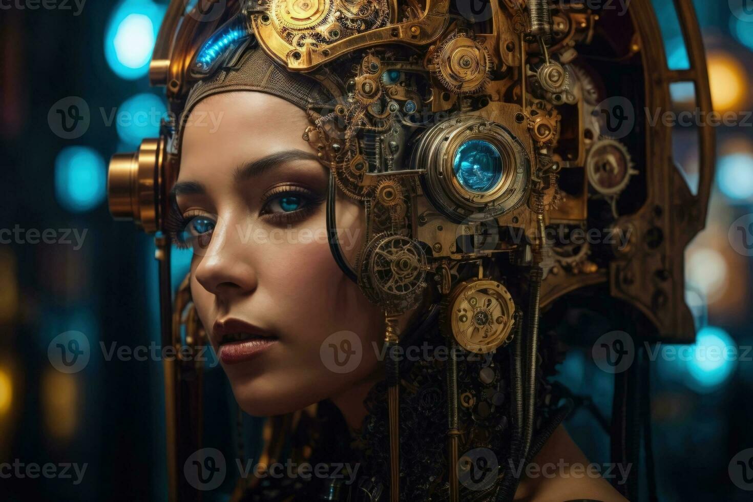 AI generated female cyborg with mechanisms and wires in head, digital technological as a background photo