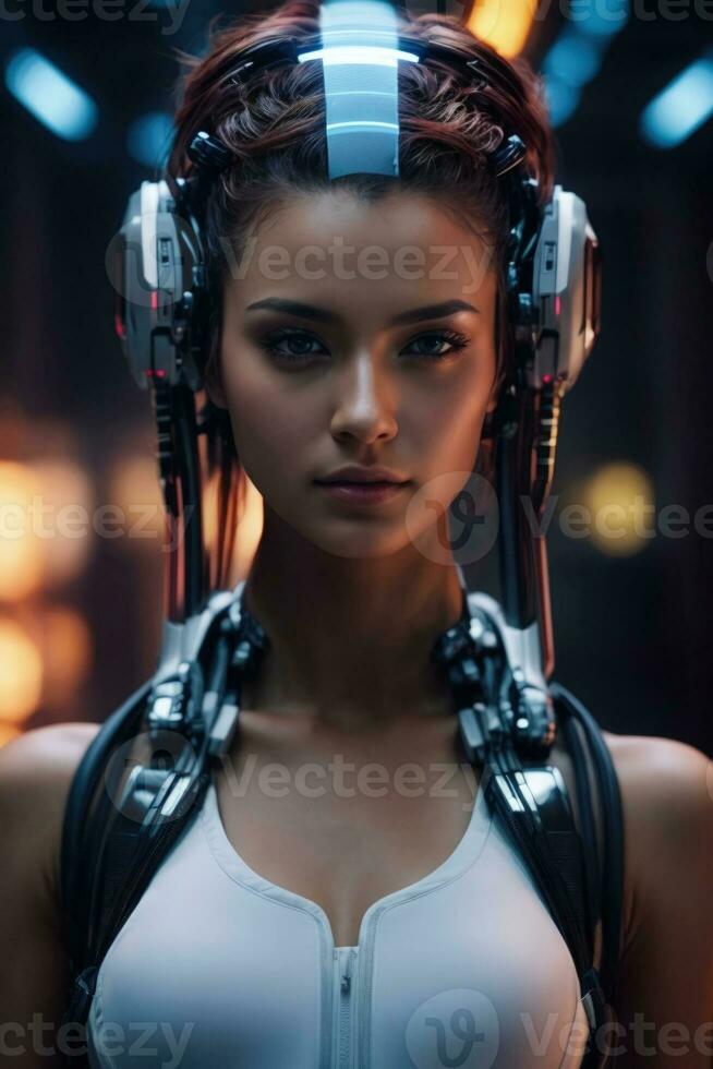 AI generated female cyborg with mechanisms and wires in head, digital technological as a background photo