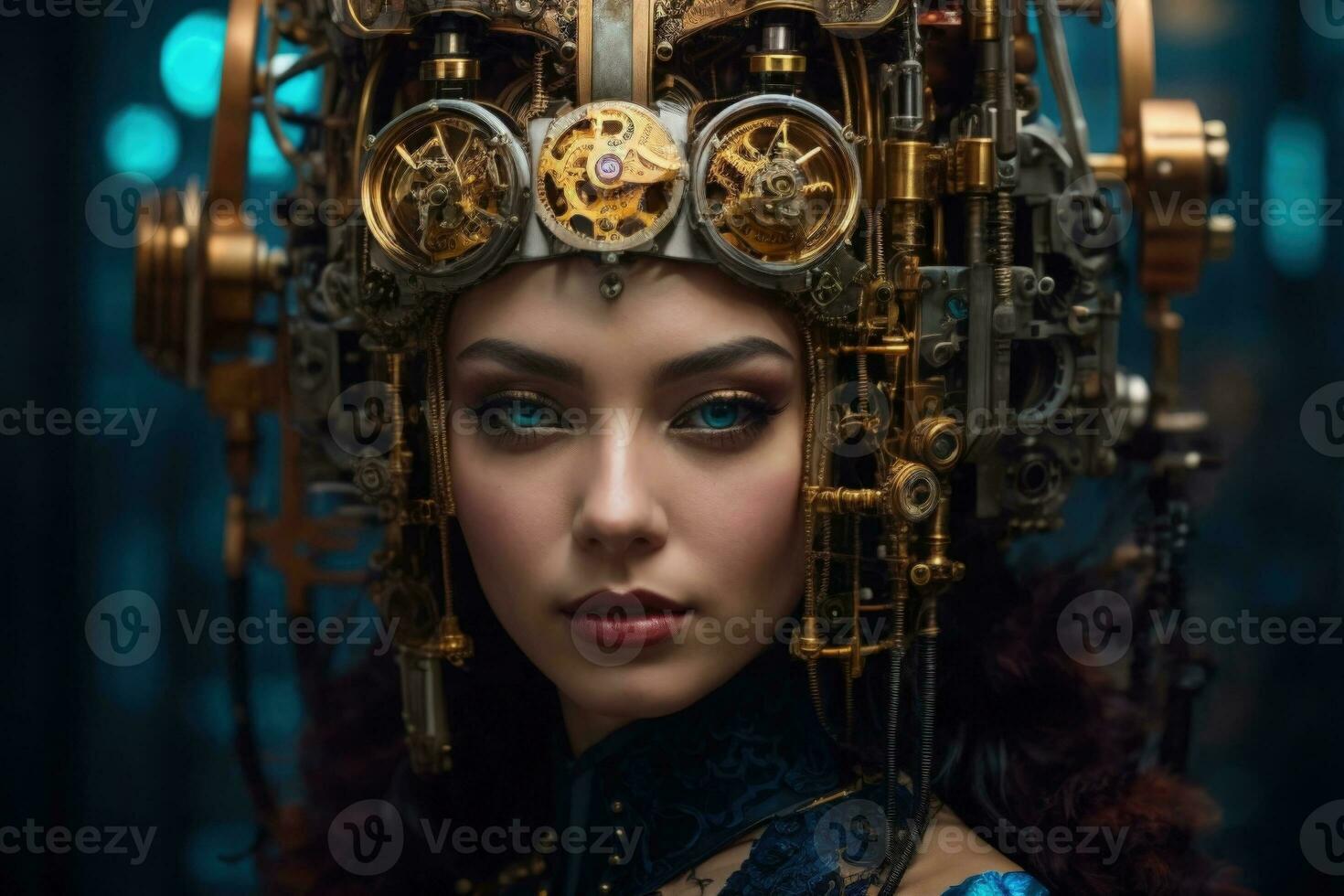 AI generated female cyborg with mechanisms and wires in head, digital technological as a background photo