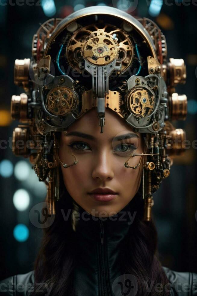 AI generated female cyborg with mechanisms and wires in head, digital technological as a background photo