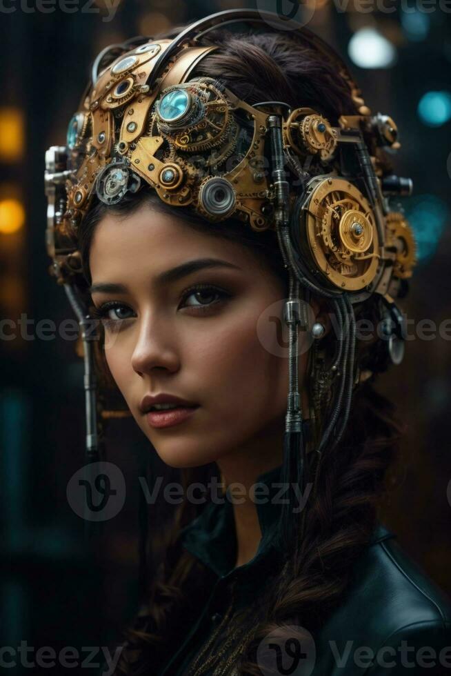 AI generated female cyborg with mechanisms and wires in head, digital technological as a background photo