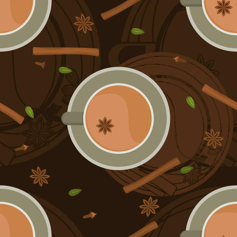 Editable Top View Indian Masala Chai with Assorted Herb Spices Vector Illustration Seamless Pattern With Dark Background for South Asian Beverages Culture and Tradition