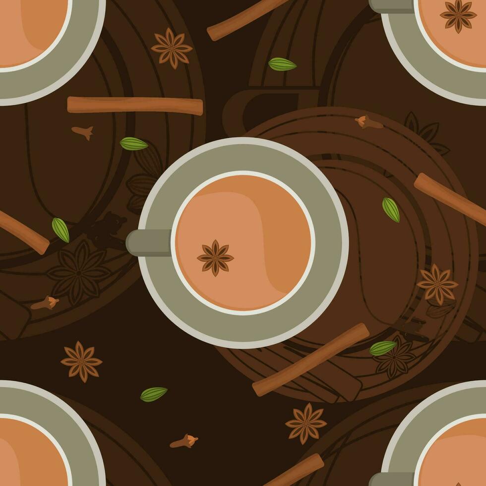 editable parte superior ver indio condimento chai con clasificado hierba especias vector ilustración sin costura modelo con oscuro antecedentes para sur asiático bebidas cultura y tradicion