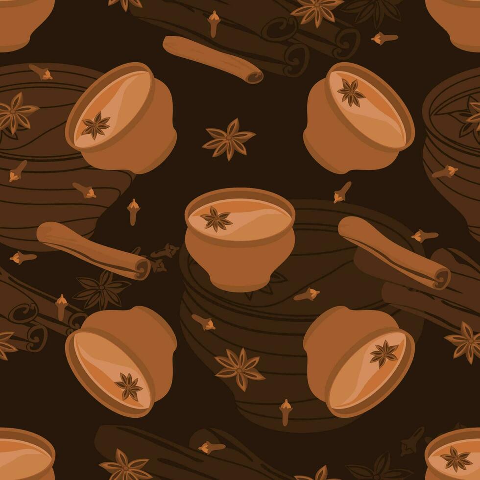 editable sin costura modelo de indio condimento chai en cerámica taza con clasificado hierba especias vector ilustración con oscuro antecedentes para sur asiático bebidas cultura y tradicion