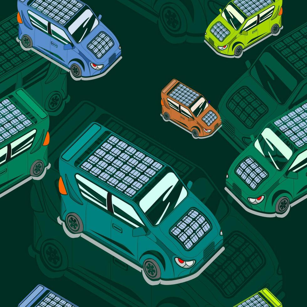 Editable Dark Background Isometric-like Three-Quarter Top View Solar Electric Car Vector Illustration Seamless Pattern for Futuristic Eco-friendly Vehicle and Green Life or Renewable Energy Campaign