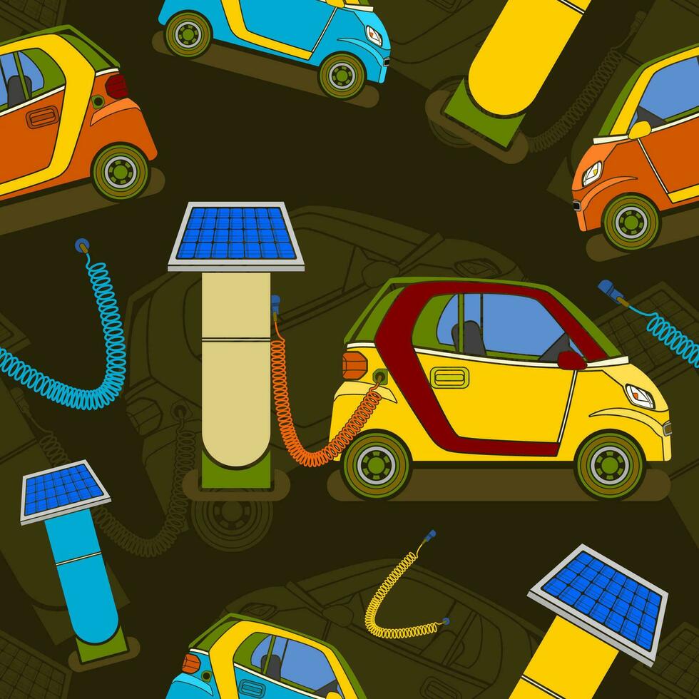 editable solar energía eléctrico coche cargando vector ilustración sin costura modelo con oscuro antecedentes para futurista Respetuoso del medio ambiente vehículo industria y verde vida o renovable energía Campaña