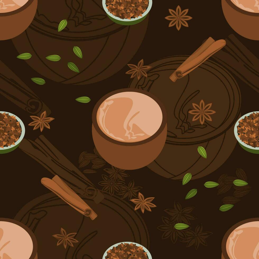 editable vector ilustración sin costura modelo de indio condimento chai en cerámica taza con clasificado hierba especias con oscuro antecedentes para sur asiático bebidas cultura y tradicion