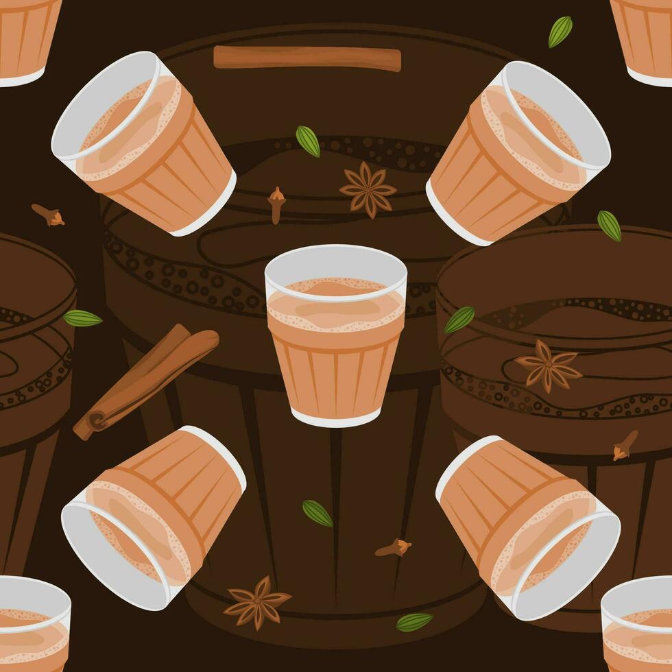 editable vector ilustración sin costura modelo de indio condimento chai en vaso jarra con clasificado hierba especias con oscuro antecedentes para sur asiático bebidas cultura y tradicion