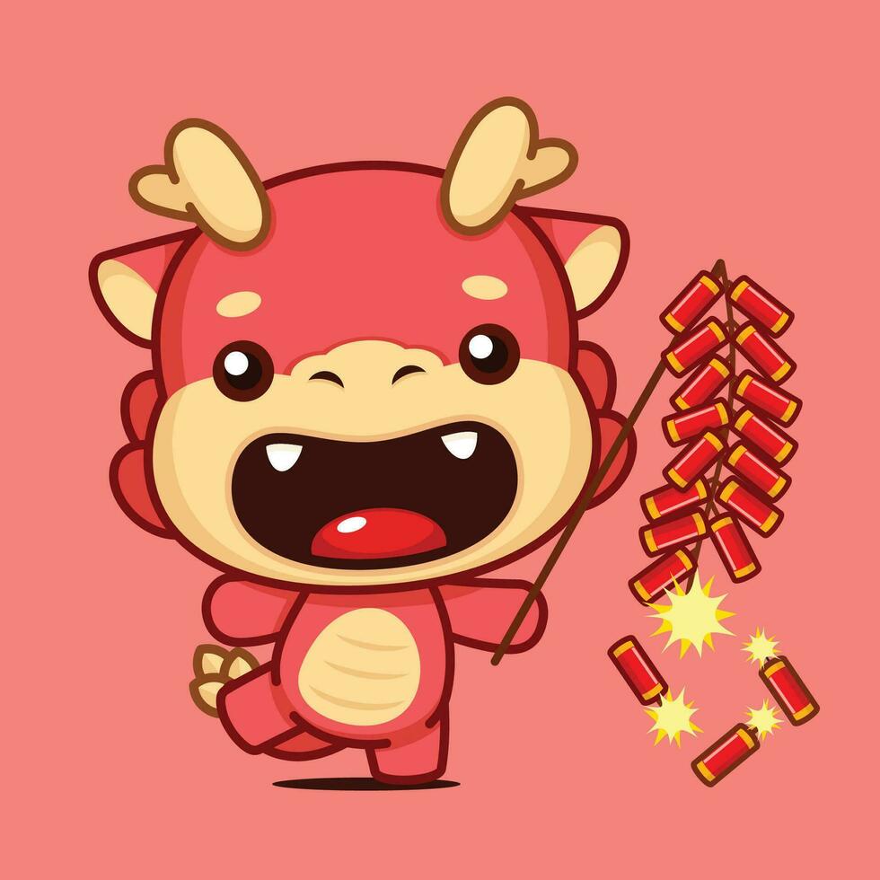 Cute Chinese New Year Dragon Zodiac Cartoon Character Holding Playing Fire Crackers vector