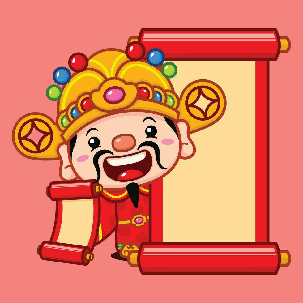 Cute Chinese New Year Fortune God Holding Scroll Banner Behind A Big Scroll Banner vector