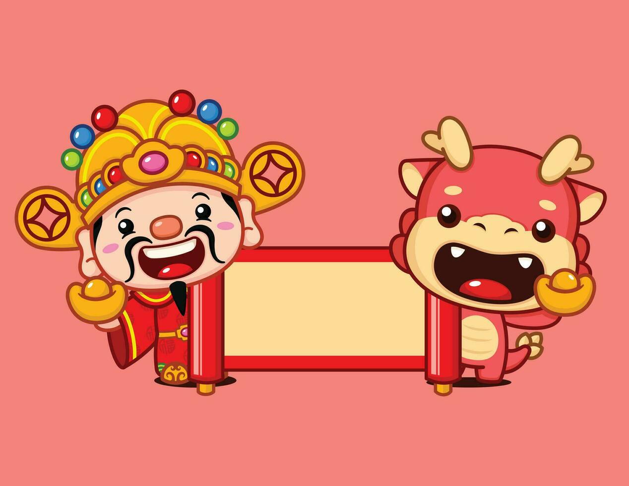 Cute Chinese New Year Fortune God And Dragon Zodiac Character With Scroll Banner vector