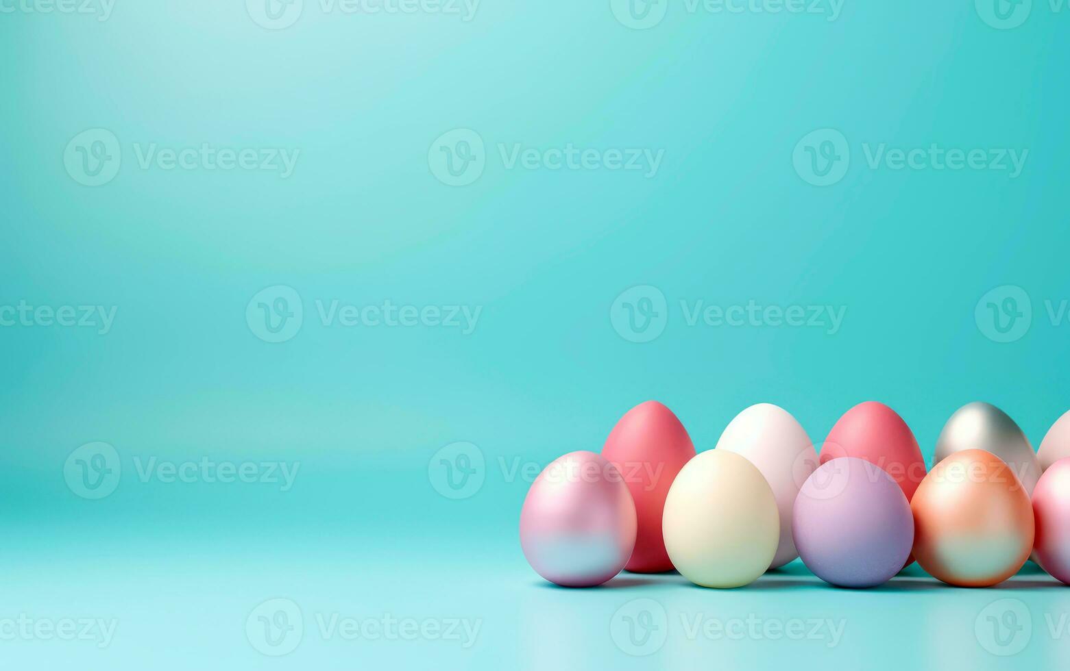 AI generated Row of colorful easter eggs over light blue background with space for text. Set of easter eggs photo for poster, card o greetings.