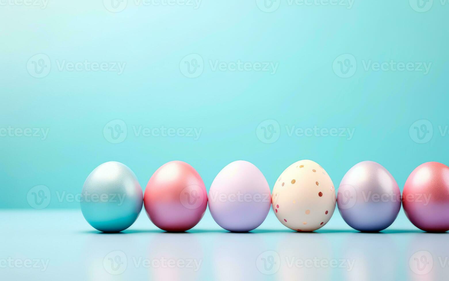 AI generated Row of colorful easter eggs over light blue background with space for text. Set of easter eggs photo for poster, card o greetings.