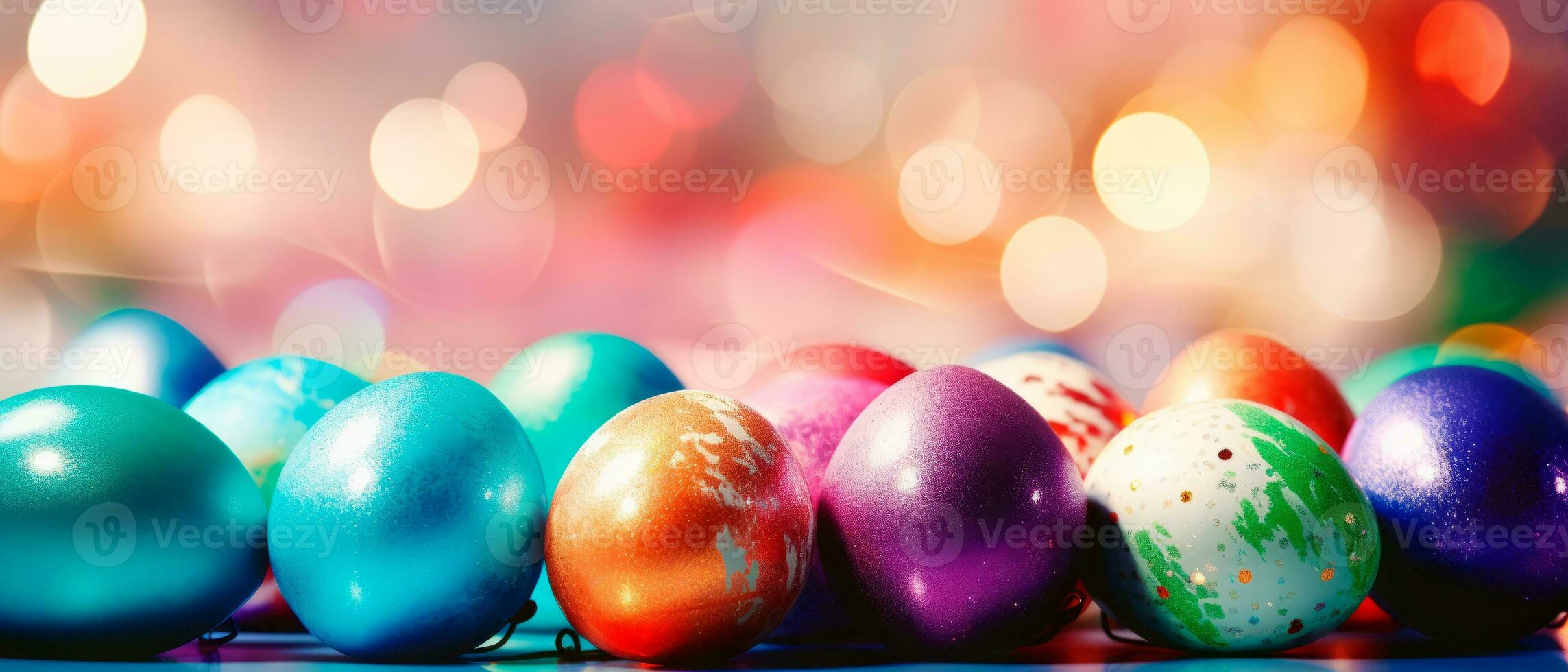 AI generated Row of colorful easter eggs over bokeh lights background with space for text. Set of easter eggs photo for poster, card o greetings.