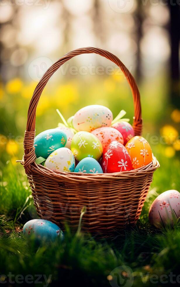 AI generated Colorful easter eggs in a basket over a flowerfield and sun rays. Beautiful decorated easter eggs photo with empty space for text.