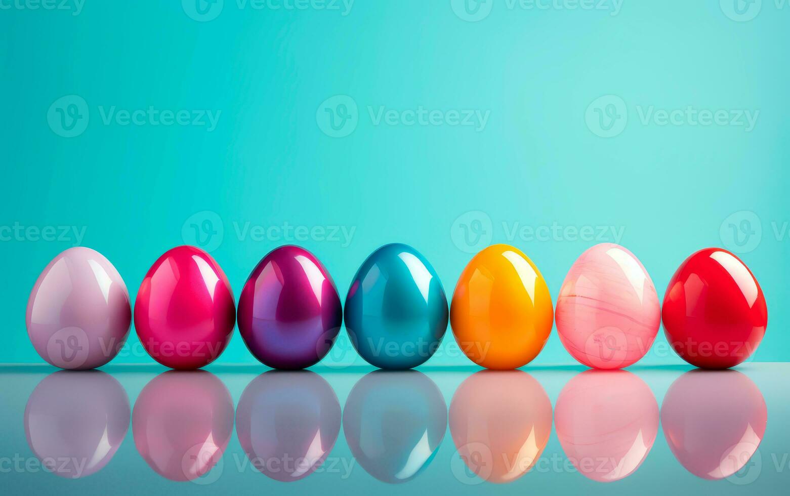 AI generated Row of colorful easter eggs over light blue background with space for text. Set of easter eggs photo for poster, card o greetings.