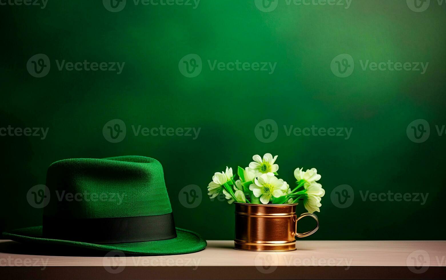 AI generated Green leprechaun hat with green shamrocks and a blank golden frame for text. Saint Patrick's Day still life concept. photo