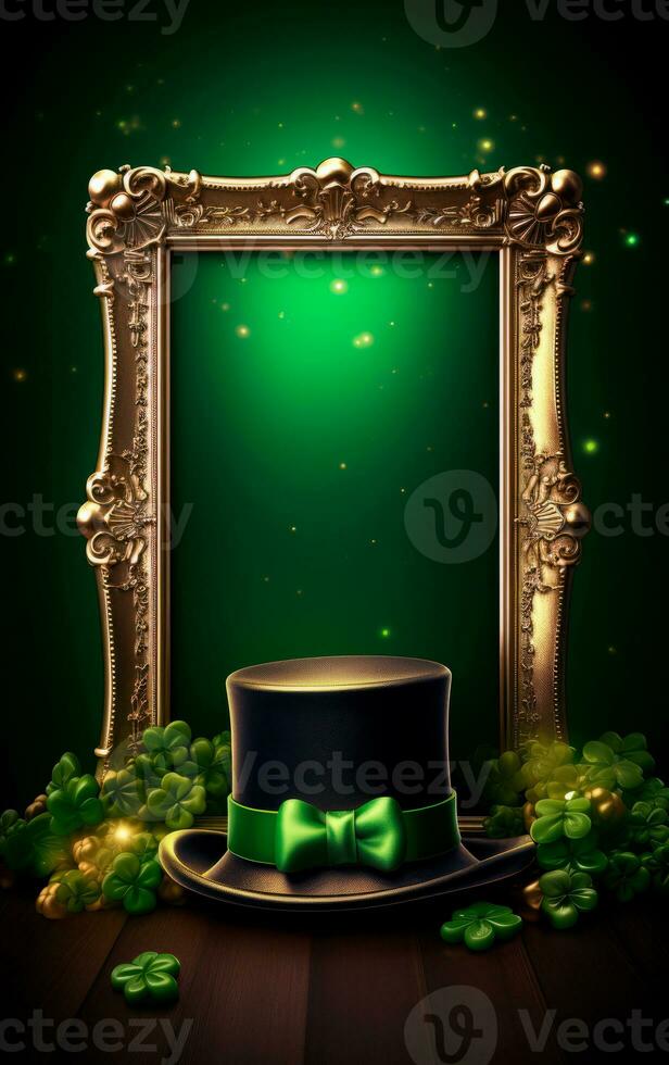 AI generated Green leprechaun hat with green shamrocks and a blank golden frame for text. Saint Patrick's Day still life concept. photo