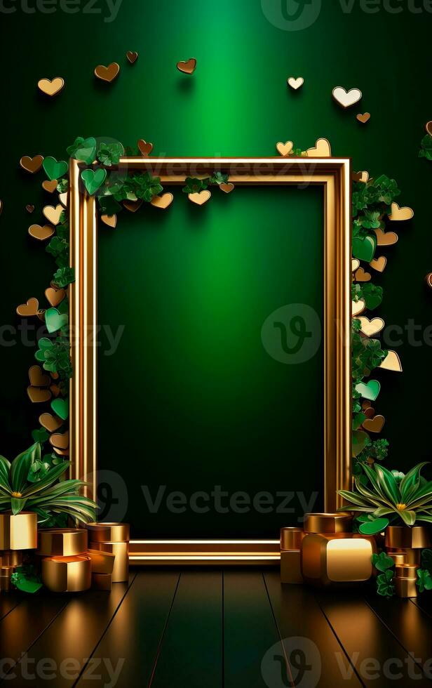 AI generated Beautiful golden frame in a magic forest of green shamrocks and leaprechauns with empty space for text. Saint Patrick's Day still life concept. photo