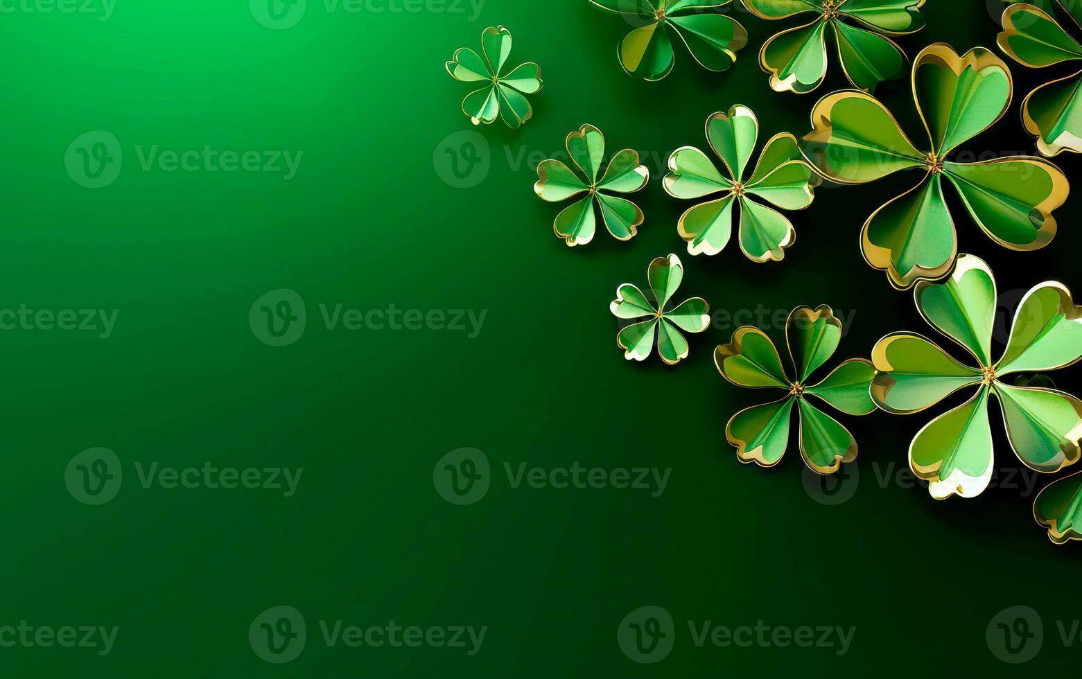 AI generated Green clovers over green background with empty space for text. Saint Patrick's Day still life concept. photo
