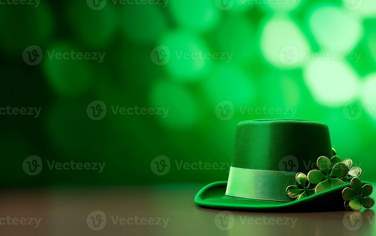 AI generated Green leprechaun hat with green shamrocks and a blank golden frame for text. Saint Patrick's Day still life concept. photo