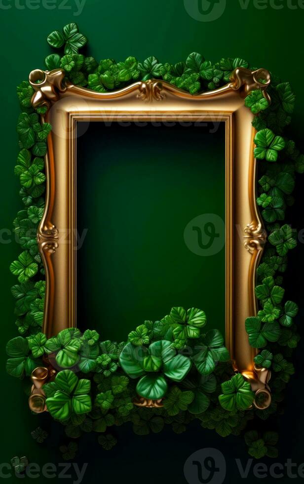 AI generated Beautiful golden frame in a magic forest of green shamrocks and leaprechauns with empty space for text. Saint Patrick's Day still life concept. photo