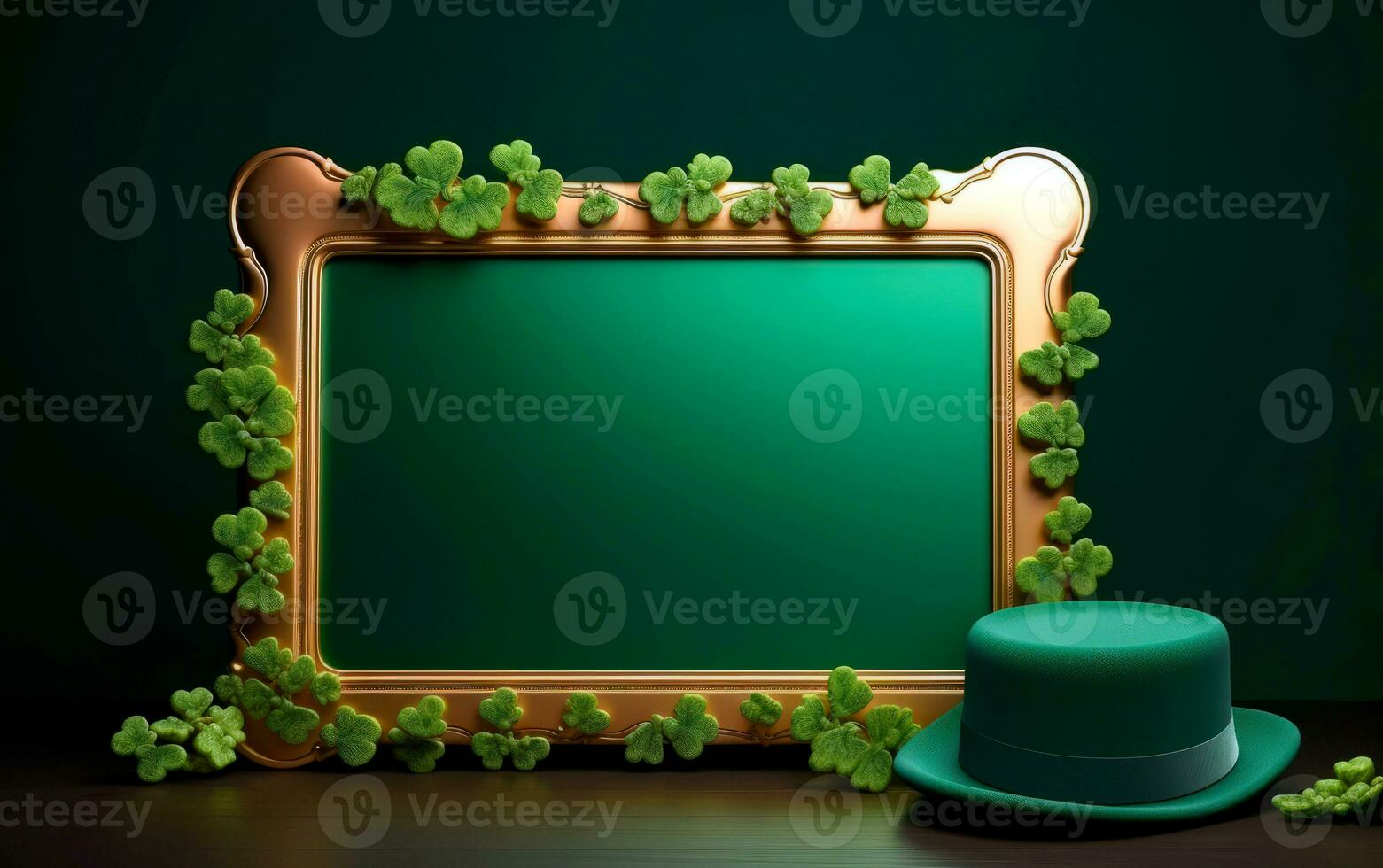 AI generated Green leprechaun hat with green shamrocks and a blank golden frame for text. Saint Patrick's Day still life concept. photo