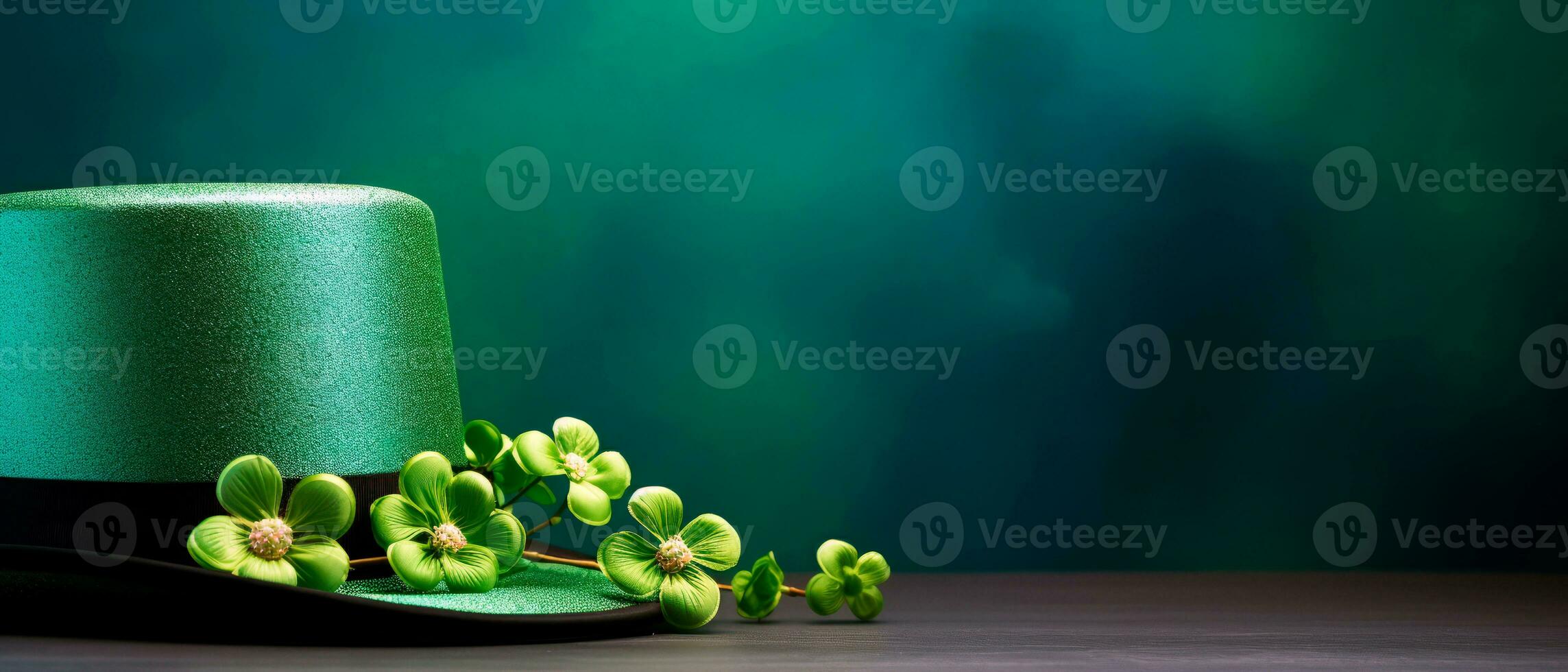 AI generated Green leprechaun hat with green shamrocks and a blank golden frame for text. Saint Patrick's Day still life concept. photo