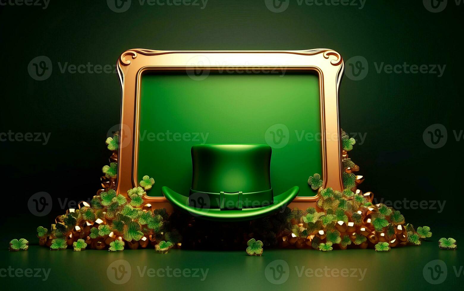 AI generated Green leprechaun hat with green shamrocks and a blank golden frame for text. Saint Patrick's Day still life concept. photo