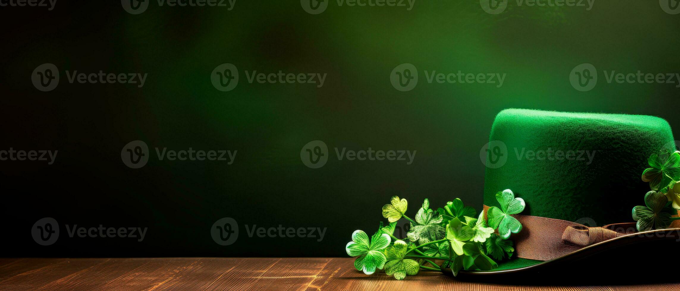 AI generated Green leprechaun hat with green shamrocks and a blank golden frame for text. Saint Patrick's Day still life concept. photo