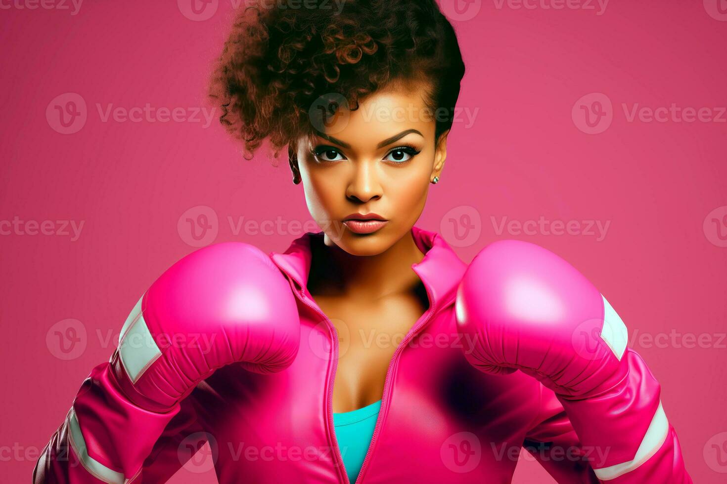 AI generated Afro girl with boxing gloves over pink background. Breast cancer awareness month concept with space for text. photo