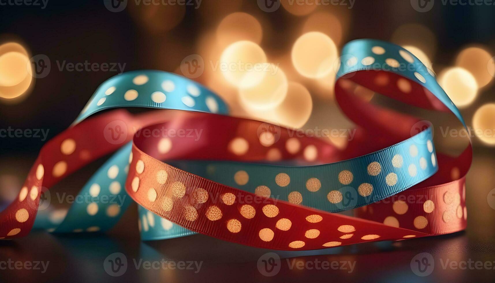 AI generated red and blue polka dot ribbon on a table photo