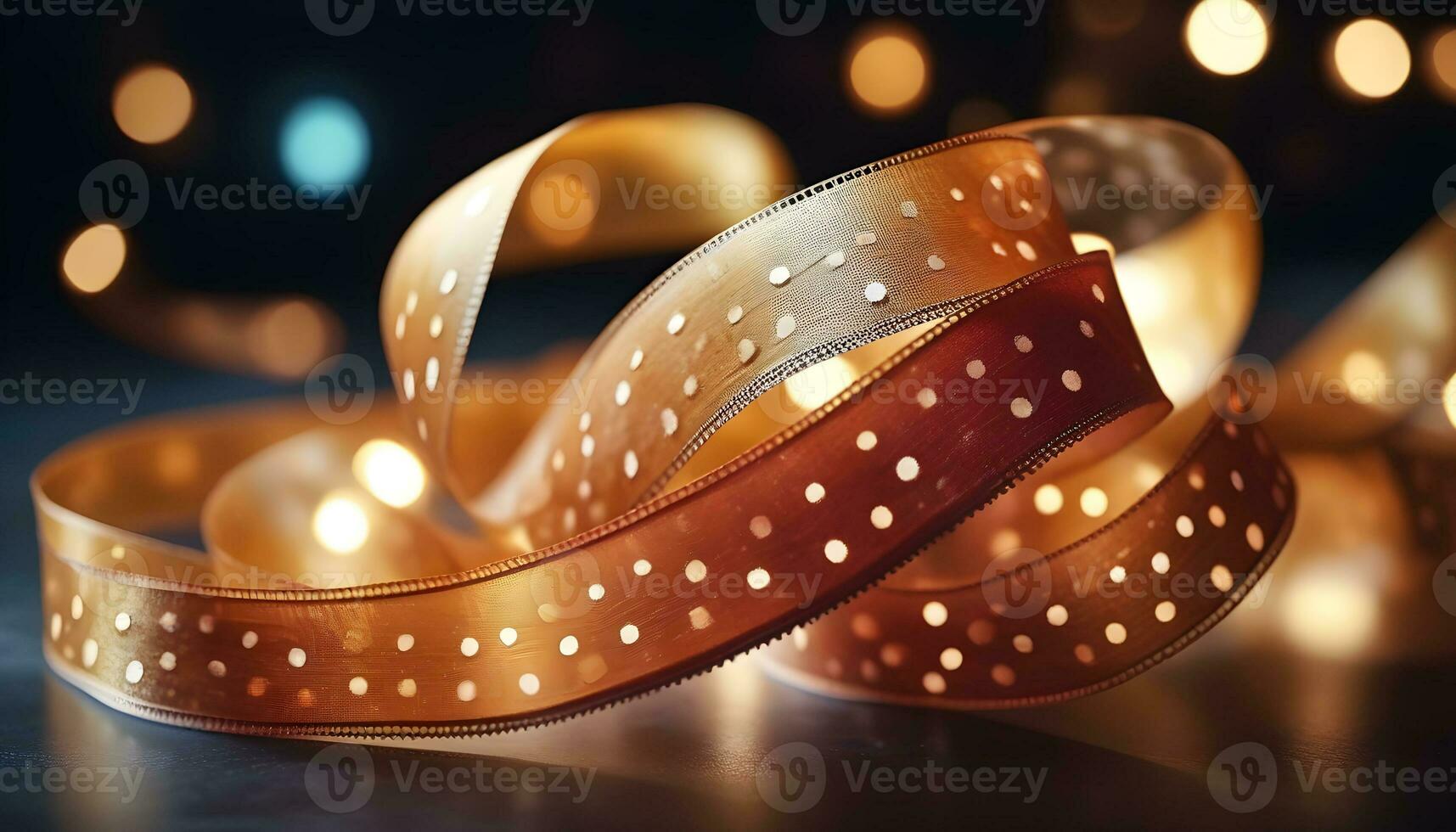 AI generated golden ribbon on a dark background with lights photo