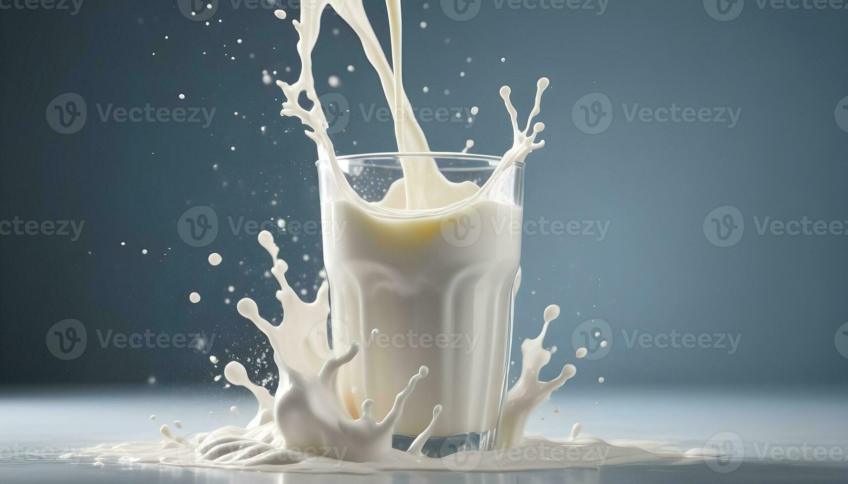 AI generated milk splash in glass with splash on blue background photo